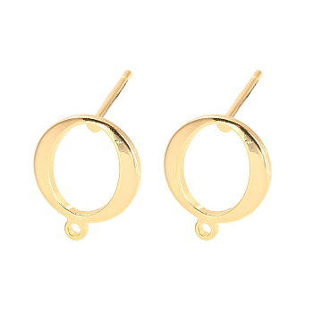 Rack Plating Brass Stud Earring Findings, with Horizontal Loops, Rings, Real 18K Gold Plated, 12x10mm, Hole: 1mm, Pin: 0.8mm