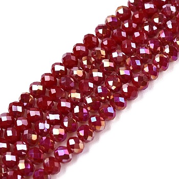 Electroplate Glass Beads Strands, Opaque Solid Color, AB Color Plated, Faceted, Rondelle, Brown, 3.5~3.8x3mm, Hole: 0.4mm, about 113~115pcs/strand, 32.5~33cm