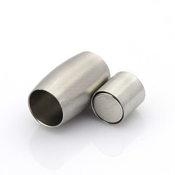 304 Stainless Steel Matte Surface Magnetic Clasps with Glue-in Ends, Barrel, Stainless Steel Color, 14.5x9mm, Hole: 6mm