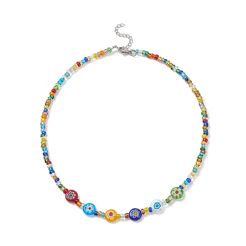 Glass Seed Beaded Necklaces for Women, Millefiori Glass Beads Bib Necklaces, Mixed Color, 16.81 inch(42.7cm)