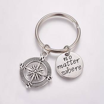 Fashion Vintage Alloy Keychain, Compass and Flat Round with Word , Antique Silver & Platinum, 60mm, Pendants: 29.5x25x2.5mm and 19.5x1.5mm, Key Rings: 32x3mm