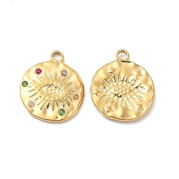 Vacuum Plating 201 Stainless Steel with Rhinestone Pendants, Flat Round with Eye Pattern, Real 18K Gold Plated, 19x16x2mm, Hole: 2mm