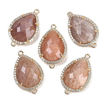 Natural Sunstone Faceted Teardrop Links, Rack Plating Brass Micro Pave Clear Cubic Zirconia Connector Charms, Golden, 26x16.5x6mm, Hole: 1.6mm and 1.4mm