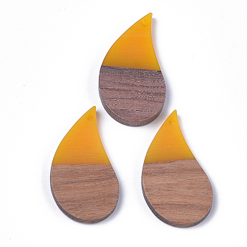 Resin & Walnut Wood Pendants, teardrop, Orange, 38x20x3~4.5mm, Hole: 1.8mm
