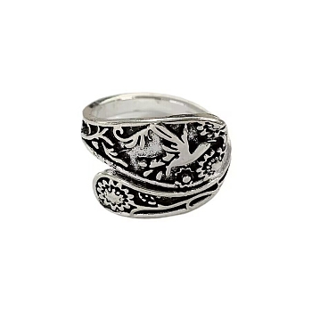 Hummingbird & Sunflower Zinc Alloy Cuff Rings for Women, Antique Silver, Inner Diameter: 18mm