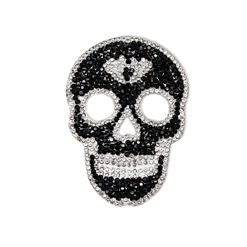 Halloween Skull Shape Hotfix Rhinestone, Rhinestone Appliques, for Costume, Hat, Bag, Jet, 89x63mm