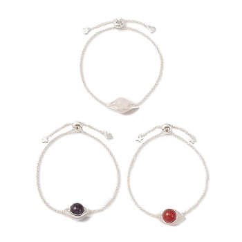 Natural Mixed Gemstone Link Slider Bracelet, 304 Stainless Steel Jewelry, 9-7/8~10-1/4 inch(25~26cm)