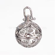Brass Cage Pendants, For Chime Ball Pendant Necklaces Making, Hollow Round with Heart, Cadmium Free & Nickel Free & Lead Free, Platinum, 20x19x16mm, Hole: 4x4mm, inner diameter: 13mm(KK-P005-18P-NR)
