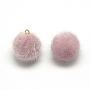 Faux Mink Fur Covered Charms, with Golden Tone Brass Findings, Round, Pink, 12~14x10mm, Hole: 1.5mm(WOVE-S084-36B)