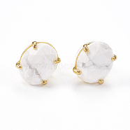 Natural Howlite Stud Earrings, with Golden Tone Brass Findings, Faceted Oval, 14~14.5x11mm, Pin: 0.8mm(EJEW-L196-04C)