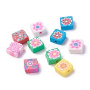 Handmade Polymer Clay Beads, Square with Flower Pattren, Mixed Color, 10x10x4.5mm, Hole: 2mm(CLAY-I010-11)