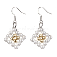 Rhombus Shell Pearl & Brass Dangle Earrings, Platinum, 43x23mm(EJEW-JE05775)