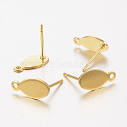 304 Stainless Steel Stud Earring Findings, with Loop and Flat Plate, Oval, Real 24K Gold Plated, 12.5x6x0.8mm, Hole: 1.2mm, Pin: 0.8mm(STAS-F162-48G)