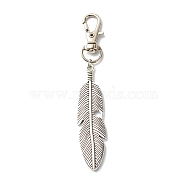 Leaf/Feather Tibetan Style Alloy Keychain, with Swivel Lobster Claw Clasps and Iron Open Jump Rings, Antique Silver, 94mm, Hole: 10.5x6.4mm(HJEW-JM00560-03)