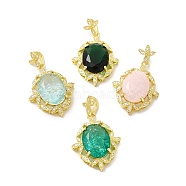 Rack Plating Brass & Crushed Ice Cut Cubic Zirconia Pendants, with Rhinestone, Real 14K Gold Plated, Cadmium Free & Lead Free, Oval with Leaf Charm, Mixed Color, 28.5x22x7mm, Hole: 7x4mm(KK-H438-02G)