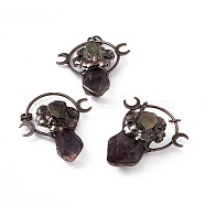 Natural Amethyst Big Pendants, Flower Charms, with Rack Plating Red Copper Tone Brass Findings and Green Fluorite, Cadmium Free & Lead Free, 62~68x58x23~30mm, Ring: 9x1.5mm, Hole: 6mm(G-D483-07AB)