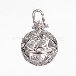 Brass Cage Pendants, For Chime Ball Pendant Necklaces Making, Hollow Round with Heart, Cadmium Free & Nickel Free & Lead Free, Platinum, 20x19x16mm, Hole: 4x4mm, inner diameter: 13mm(KK-P005-18P-NR)
