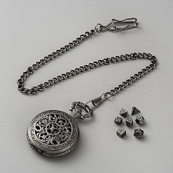 Vintage Alloy Flat Round Hollow Pocket Watch with Brass Curb Chain, Clips and 7Pcs Dices, Gunmetal, 440mm(AJEW-WH0752-005B)