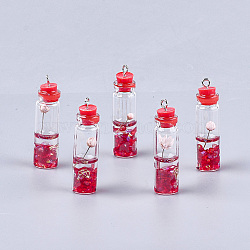 Glass Bottle Decorations, with Resin & Dried Flower, Resin Tampions and Iron Findings, Red, 42~44x11mm, Hole: 2mm(GLAA-S181-03F)