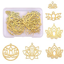 12Pcs 6 Style Ion Plating(IP) 304 & 201 Stainless Steel Charms, Lotus Flower, Golden, 7.5~32x10~33x1mm, Hole: 1~1.6mm, 2pcs/style(STAS-SZ0002-52)