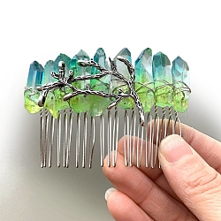 Natural Crystal Hair Combs, with Alloy Crown Hair Bands, for Women Girls, Lime Green, 78x37mm(PW-WGC6E88-09)