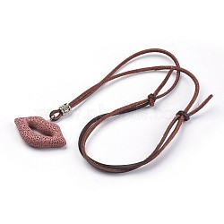 Adjustable Synthetic Lava Rock Pendant Necklaces, with Leather Cord and Alloy Finding, Lip, Indian Red, 34.64 inches~35.43 inches(88~90cm)(NJEW-P237-C01)