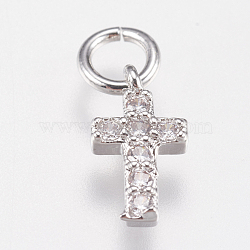 Brass Micro Pave Cubic Zirconia Tiny Cross Charms, Platinum, 9x5x1.5mm, Hole: 2mm(ZIRC-E147-62P)