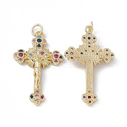 Brass Colorful Cubic Zirconia Pendants, with Jump Ring, Cross with Jesus Charms, Real 18K Gold Plated, 33x19x4mm, Hole: 3mm(KK-E068-VA020-2)