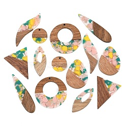 Walnut Wood & Transparent Resin Pendants, Mixed Shapes Charm, Mixed Color, 18.5~52.5x13.5~38x3.5mm, Hole: 1.8~2mm, about 14pcs/set(WD-CBA583A-01)