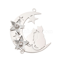 Brass Connector Charms with Crystal Rhinestone, Moon with Cat, Platinum, 41x35x4mm, Hole: 1.6mm(KK-H454-16P)