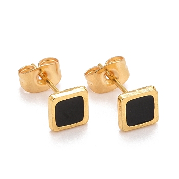 304 Stainless Steel Enamel Stud Earrings, with 316 Surgical Stainless Steel Pin, Golden, Square, Black, 6x6x2mm, Pin: 0.8mm
