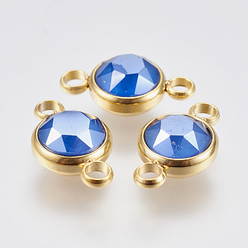 K9 Glass Links connectors, Faceted, with 304 Stainless Steel Findings, Ion Plating (IP), Flat Round, Golden, Royal Blue, 17.5x10x6mm, Hole: 2.5mm