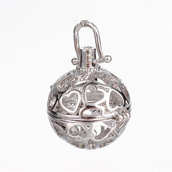 Brass Cage Pendants, For Chime Ball Pendant Necklaces Making, Hollow Round with Heart, Cadmium Free & Nickel Free & Lead Free, Platinum, 20x19x16mm, Hole: 4x4mm, inner diameter: 13mm