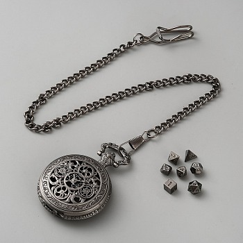 Vintage Alloy Flat Round Hollow Pocket Watch with Brass Curb Chain, Clips and 7Pcs Dices, Gunmetal, 440mm