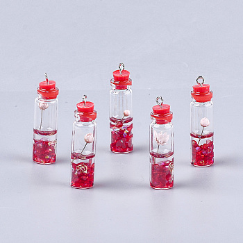 Glass Bottle Decorations, with Resin & Dried Flower, Resin Tampions and Iron Findings, Red, 42~44x11mm, Hole: 2mm