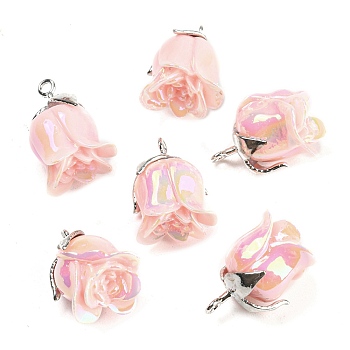 Opaque Resin Pendants, AB Color, Flower Charms with Platinum Tone Alloy Leaf, Pink, 18.5x10x10mm, Hole: 1.4mm