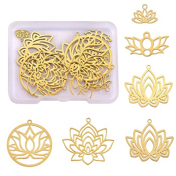 12Pcs 6 Style Ion Plating(IP) 304 & 201 Stainless Steel Charms, Lotus Flower, Golden, 7.5~32x10~33x1mm, Hole: 1~1.6mm, 2pcs/style
