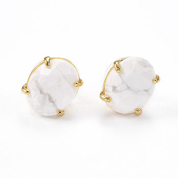Natural Howlite Stud Earrings, with Golden Tone Brass Findings, Faceted Oval, 14~14.5x11mm, Pin: 0.8mm