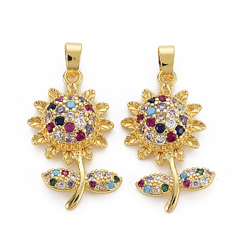 Brass Micro Pave Cubic Zirconia Pendants, Nickel Free, Sunflower, Real 16K Gold Plated, 25.5x16.5x5mm, Hole: 2.5x5mm