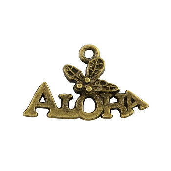 Tibetan Style Word Aloha Alloy Charms, Cadmium Free & Nickel Free & Lead Free, Antique Bronze, 14x21x3mm, Hole: 1.5~2mm, about 1063pcs/1000g