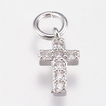 Brass Micro Pave Cubic Zirconia Tiny Cross Charms, Platinum, 9x5x1.5mm, Hole: 2mm