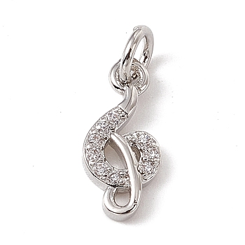 Brass Micro Pave Cubic Zirconia Charms, with Jump Rings, Music Note Charm, Platinum, 12.5x5.5x2mm, Hole: 2.7mm