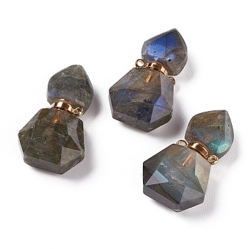 Hexagon Natural Labradorite Perfume Bottle Pendants, with 304 Stainless Steel Findings, Faceted, Golden, 27~27.5x16~17x8mm, Hole: 1.4mm, Capacity: 0.1ml(0.00fl. oz)
