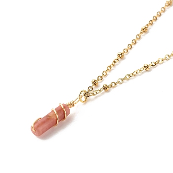 Wire Wrapped Natural Plum Blossom Jade Column Pendant Necklace for Women, Golden, 15.94 inch(40.5cm)