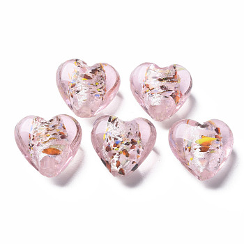 Handmade Lampwork Silver Foil Glass Beads, Heart, Pink, 15~16x15.5x9~10mm, Hole: 1.2mm