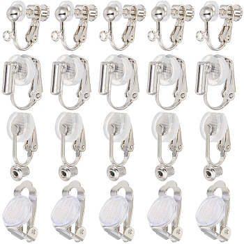 32Pcs 4 Style Brass Clip-on Earring Converters Findings, Flat Round Earring Settings, with 32Pcs Silicone Pads, Platinum, 15.5~19x6~14x3~9mm, Hole: 0.6~1.6mm, 4Pcs/style