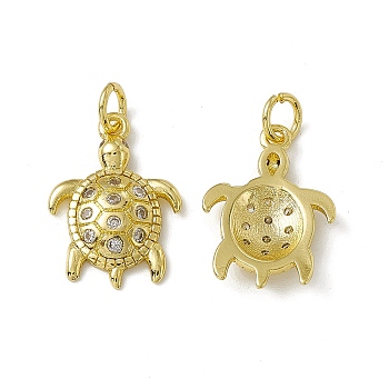 Rack Plating Brass Micro Pave Cubic Zirconia Pendants, with Jump Ring, Real 18K Gold Plated, Long-Lasting Plated, Cadmium Free & Nickel Free & Lead Free, Sea Turtle Charm, Clear, 18.5x13x2.5mm, Jump Ring: 5x0.9mm, Inner Diameter: 3.2mm