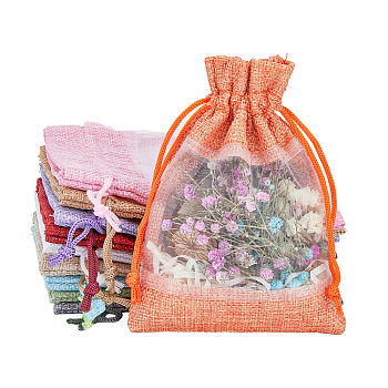 20Pcs 10 Colors Linen Pouches, Drawstring Bags, with Organza Windows, Rectangle, Mixed Color, 14x10x0.5cm, 2pcs/color