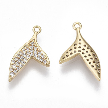Brass Micro Pave Cubic Zirconia Pendants, Nickel Free, Fish Tail, Clear, Real 18K Gold Plated, 16.5x9x1.5mm, Hole: 1mm