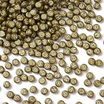 Opaque Acrylic Beads, with Enamel, Flat Round with Random Letter, Dark Goldenrod, 7x3.7mm, Hole: 1.2mm, about 3600pcs/500g